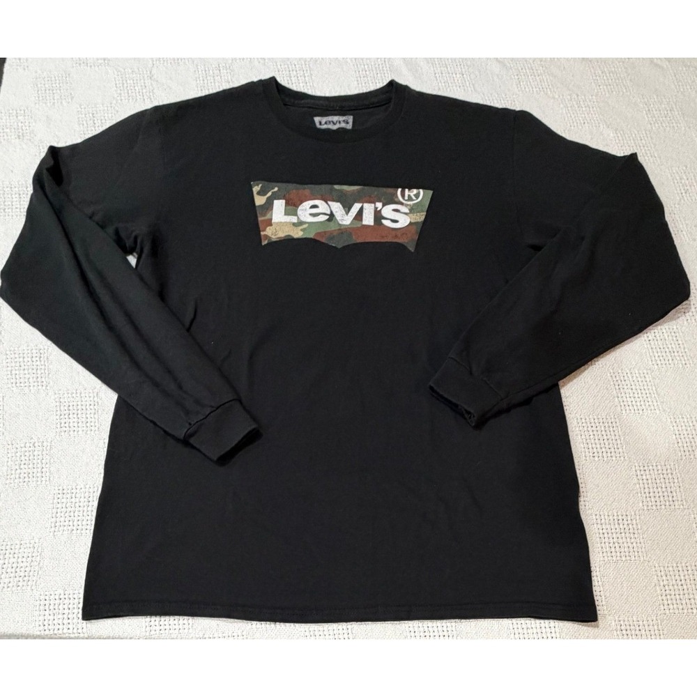 Levis Mens Long Sleeve Camo Batwing Logo Graphic T-Shirt Black Medium